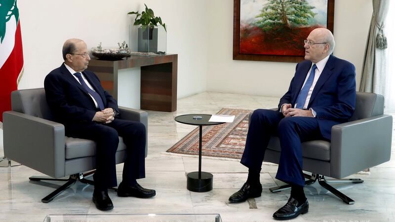Lebanon’s prime minister designate Najib Mikati (right) meeting with President Michel Aoun at the Presidential Palace in Beirut on Friday. Photograph:  EPA/handout
