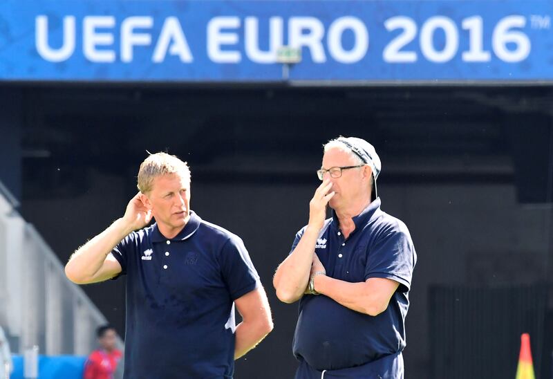 Iceland coaches Heimir Hallgrímsson and Lars Lagerbäck watch a training session at the Allianz Riviera stadium in Nice in 2016. Photograph: Tobias Schwarz/AFP via Getty Images