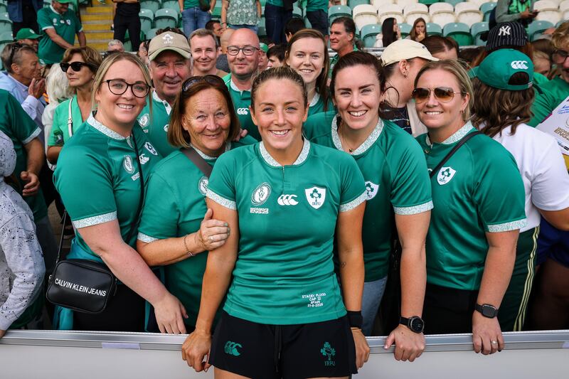 Stacey Flood celebrates with her family after Ireland's win over Spain. Photograph: Ben Brady/Inpho