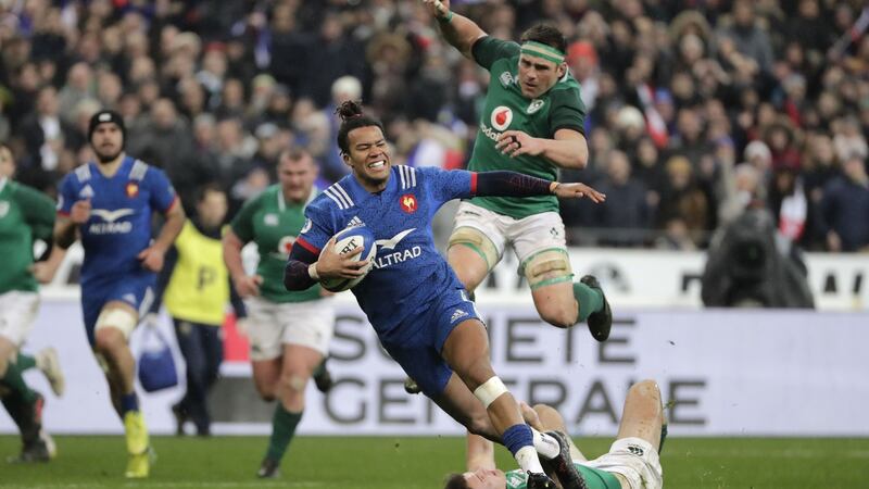 Teddy Thomas scores France’s late try. Photograph: Thomas Samson/AFP
