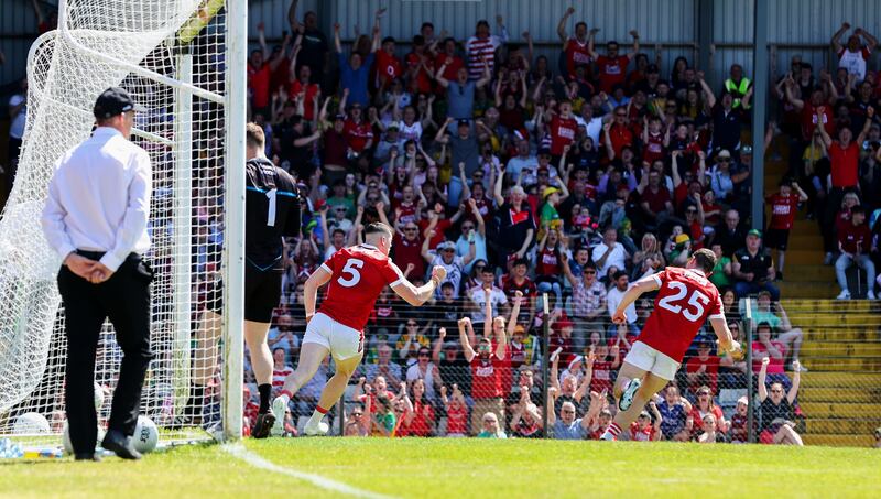 Cork's Rory Maguire celebrates a goal against Donegal during the championship clash at Páirc Uí Rinn. scores a goal. Photograph: Nick Elliott/Inpho 