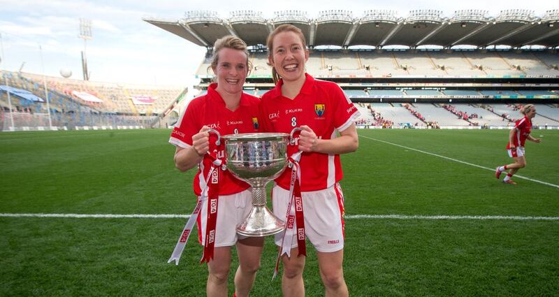 Briege Corkery and Rena Buckley celebrate Cork's All-Ireland victory over Dublin in the 2015 All Ireland final. Photograph: Ryan Byrne/Inpho