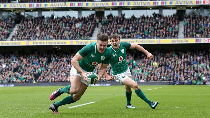 Jacob Stockdale scored another brace of tries against Scotland. Photograph: Brian Lawless/PA