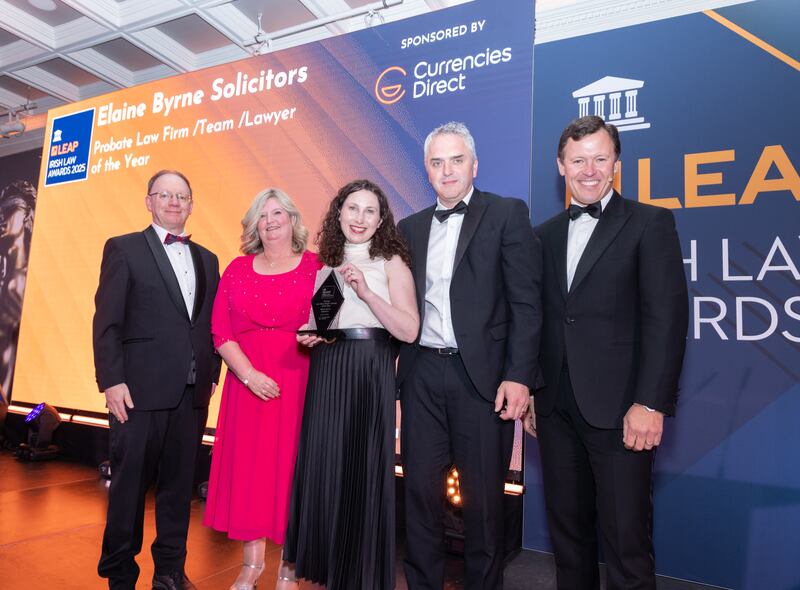 Richard Hammond, solicitor and partner at Hammond Good LLP and chair of the judging panel of the Leap Irish Law Awards; Helen Richards, business manager, north west Ireland and Border counties, Currencies Direct; Elaine Byrne, principal solicitor at Elaine Byrne Solicitors; Eoin Byrne; Anton Savage, MC of the night. Photograph: Paul Sherwood