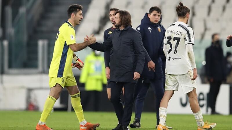 Juventus manager Andrea Pirlo greets his friend and goalkeeper Gianluigi Buffon. File photograph: Getty Images