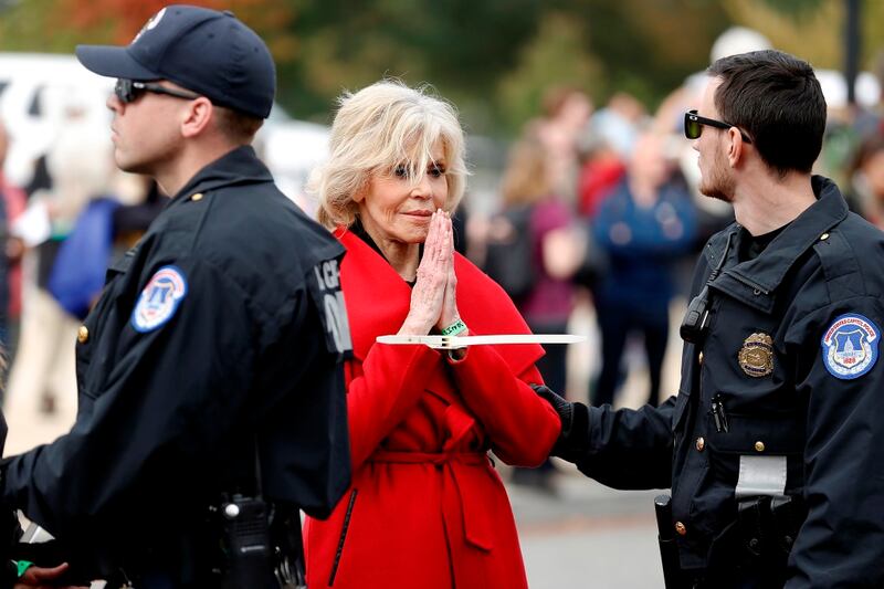 Jane Fonda is arrested during the Fire Drill Friday Climate Change Protest on October 25th, 2019 in Washington, DC. Photograph: John Lamparski/Getty Images