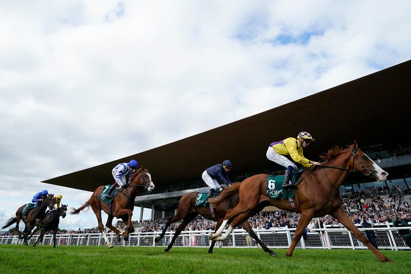 Scorthy Champ and jockey Dylan Browne McMonagle on their way to winning the Vincent O'Brien National Stakes during the Irish Champions Festival at The Curragh. Photograph: Niall Carson/PA Wire