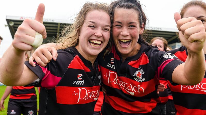 Tullamore’s Claire Cummins and Nichola Fryday celebrate at the final whistle of the All-Ireland Plate final in 2014. Photo: Tom Beary/Inpho