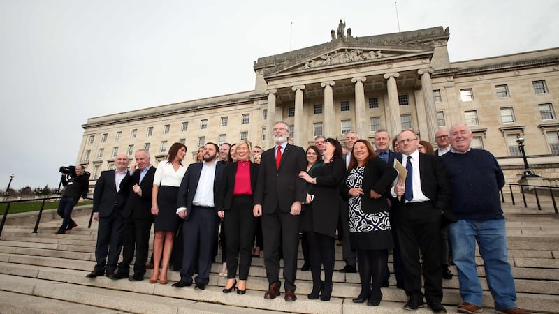 Sinn Féin president Gerry Adams and Northern leader Michelle O’Neill  with the party’s elected Assembly members at Stormont in Belfast. Photograph: Paul Faith/AFP/Getty Images