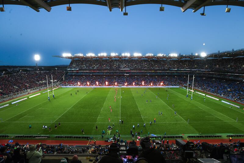 Jack Crowley kicks the second half off for Munster
at Croke Park on Saturday. Photograph: Tom Maher/Inpho