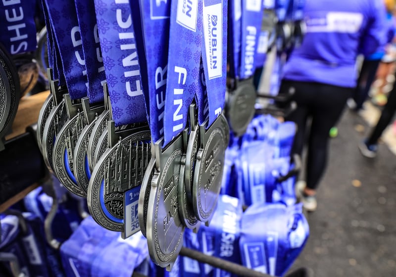A view of the medals at the Dublin Marathon. Photograph: Nick Elliott/Inpho