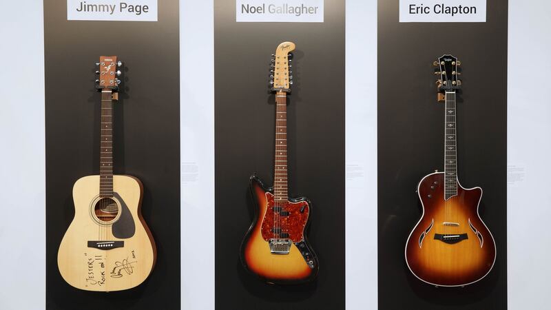 Guitar’s for sale at Laurence Carpenter’s stand at the RDS.  Photograph: Fran Veale