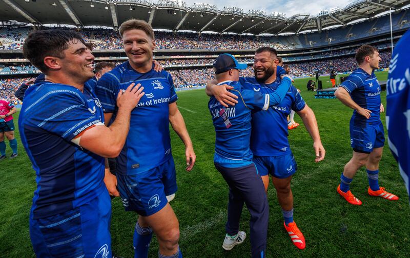 Leinster's Jimmy O'Brien, Jordie Barrett and Rabah Slimani celebrate. Photograph: James Crombie/Inpho