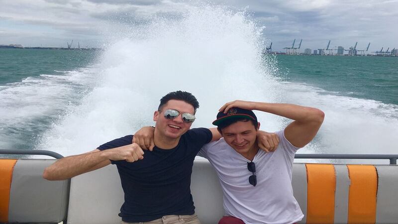 Hold on to your hats on the Thriller speedboat tour in Miami. Eamon Donoghue, left, on board with his friend Colin Brennan.