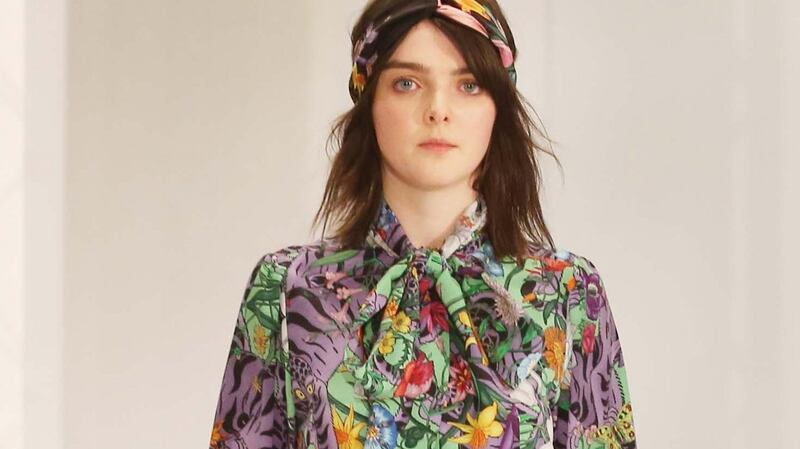 NO REPRO FEE 16/01/2018 Brown Thomas Spring Summer 2018. Pictured in Brown Thomas on Grafton Street today, a model shows the latest look from Gucci on the catwalk. Photograph: Leon Farrell / Photocall IrelandWild floral prints from Gucci