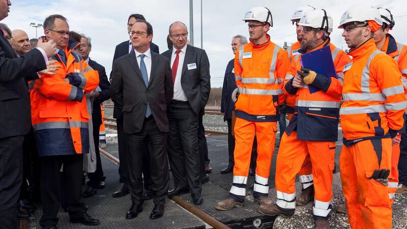 French president Francois Hollande attends the inauguration of the new Sud Europe Atlantique (South Europe Atlantic) high-speed rail line, linking Tours and Bordeaux, on February 28th, 2017, in Villognon, central France. Photograph: Yohan Bonnet/AFP/Getty Images