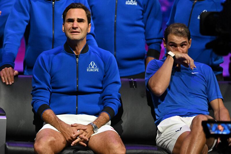 Roger Federer sheds a tear after playing his final match, a doubles with Rafa Nadal, in the Lave Cup in London in September. Photograph: Getty
