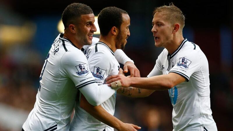 Tottenham Hotspur’s Andros Townsend (centre) celebrates with team mates Kyle Walker (left) and Lewis Holtby after scoring  against Aston Villa.  Photograph: Darren Staples/Reuters