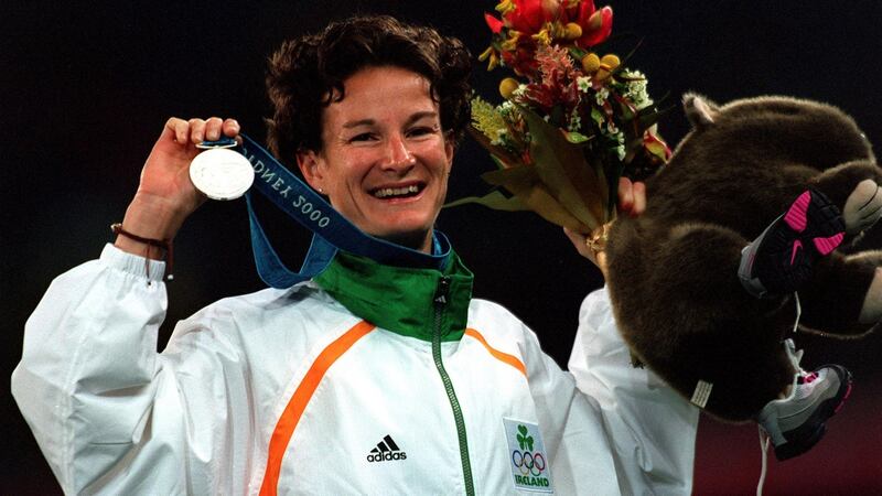 Sonia O’Sullivan on the podium with her silver medal after the 5,000m at the Sydney Olympics in September 2000. Photograph: Billy Stickland/Inpho