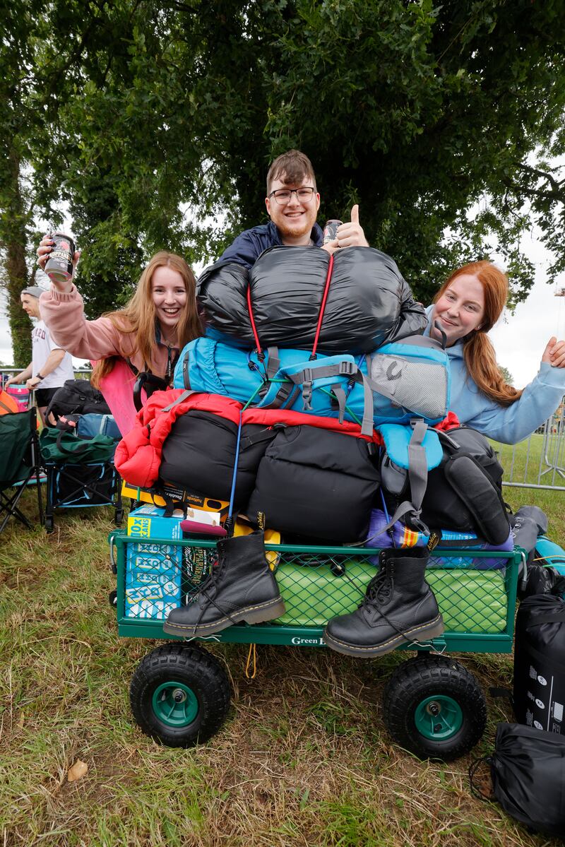 Electric Picnic 2024: Gráinne Mclaughlin, Jack Shirley and Rebecca Carroll, from Donegal, Dublin and Clare, were among the first early-access campers to arrive on Thursday. Photograph: Alan Betson
