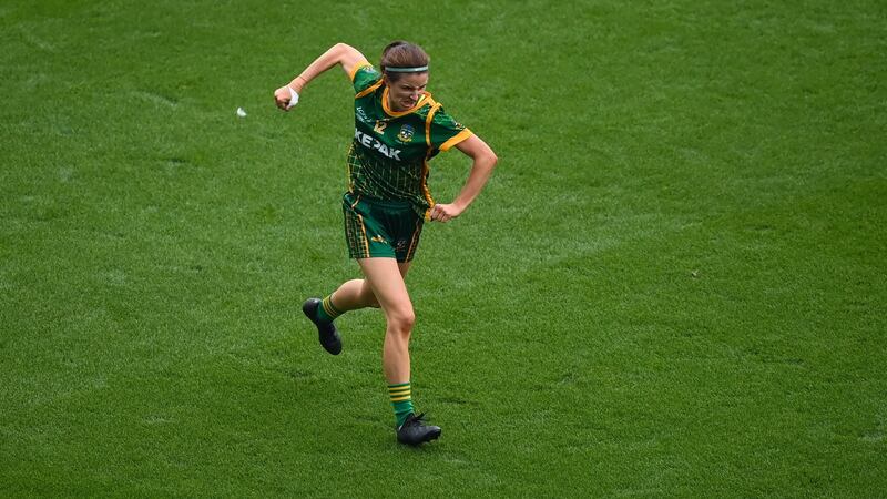Niamh O’Sullivan celebrates scoring a point for Meath during their historic win over Dublin. Photograph: Stephen McCarthy/Sportsfile