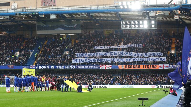 Chelsea fans pay tribute to Ray Wilkins ahead of their draw with West Ham. Photograph: Catherine Ivill/Getty
