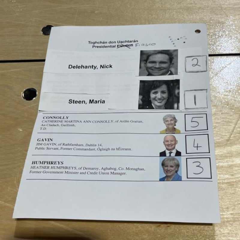 A spoiled ballot with images of Maria Steen and Nick Delehanty from a box from Chapelizod in the Dublin South Central constituency Photograph: Sarah Burns / The Irish Times