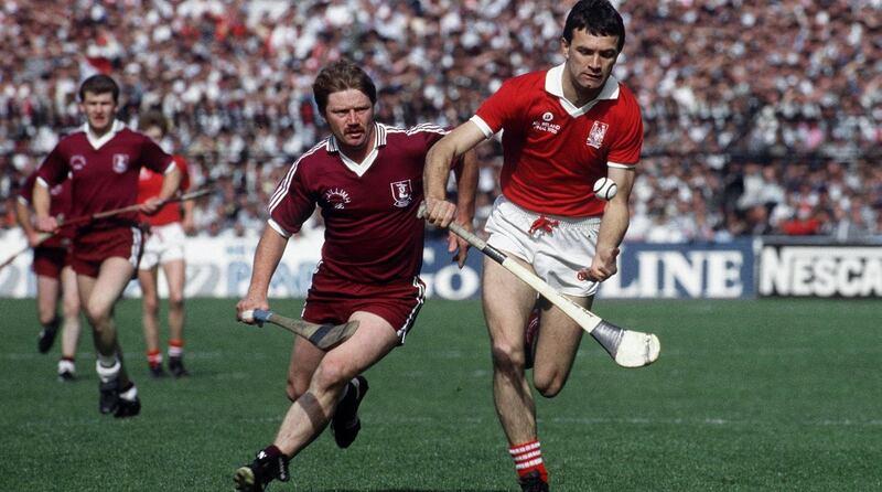 Jimmy Barry-Murphy in action against Galway's Sylvie Linnane during the 1986 All-Ireland final. It was Murphy's 5th All-Ireland senior hurling medal following previous wins in 1976-8 and 1984. 