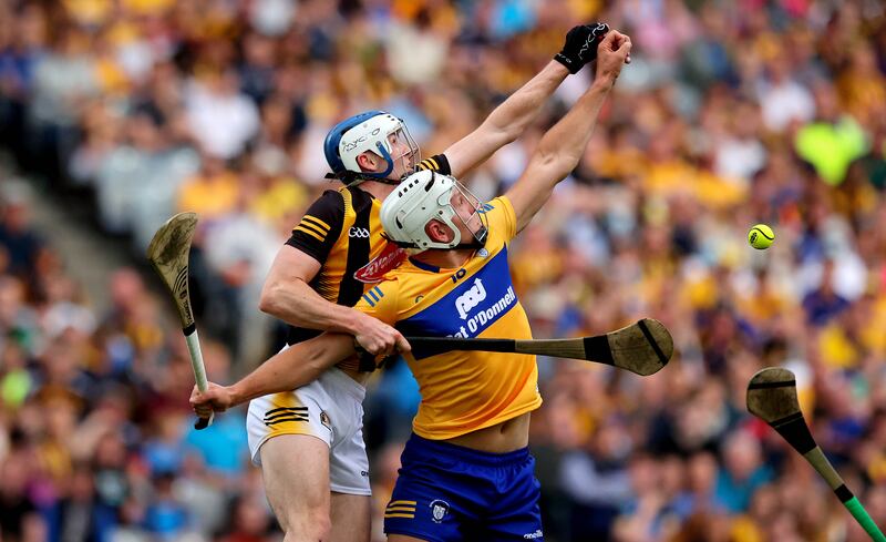 Huw Lawlor of Kilkenny contests a high ball with Aron Shanagher of Clare. Photograph: Ryan Byrne/INPHO