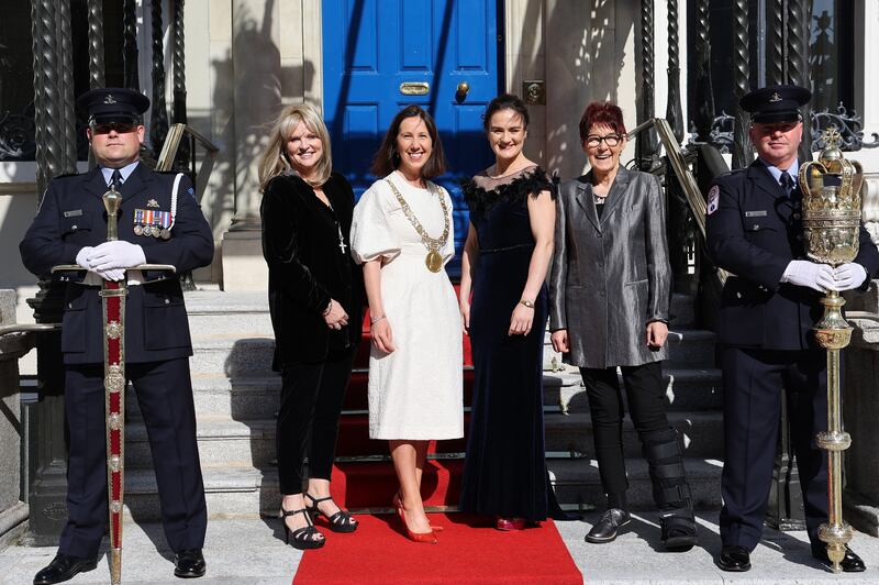 11/06/2022 - NEWS Lord Mayor of Dublin, Alison Gilliland, will confer the Honorary Freedom of the City of Dublin on Ailbhe Smyth, Prof Mary Aiken and Kellie Harrington on Saturday 11th June 2022. Pictured ahead of the ceremony were (from Left) Alan Murphy (Sword Bearer), 

From left: Sword bearer Alan Murphy, Prof Mary Aiken, Lord Mayor of Dublin Alison Gilliland, boxer Kellie Harrington, activist Ailbhe Smyth and Karl Wilson bearing the mace ahead of the ceremony on Saturday evening. Photograph: Nick Bradshaw /The Irish Times


