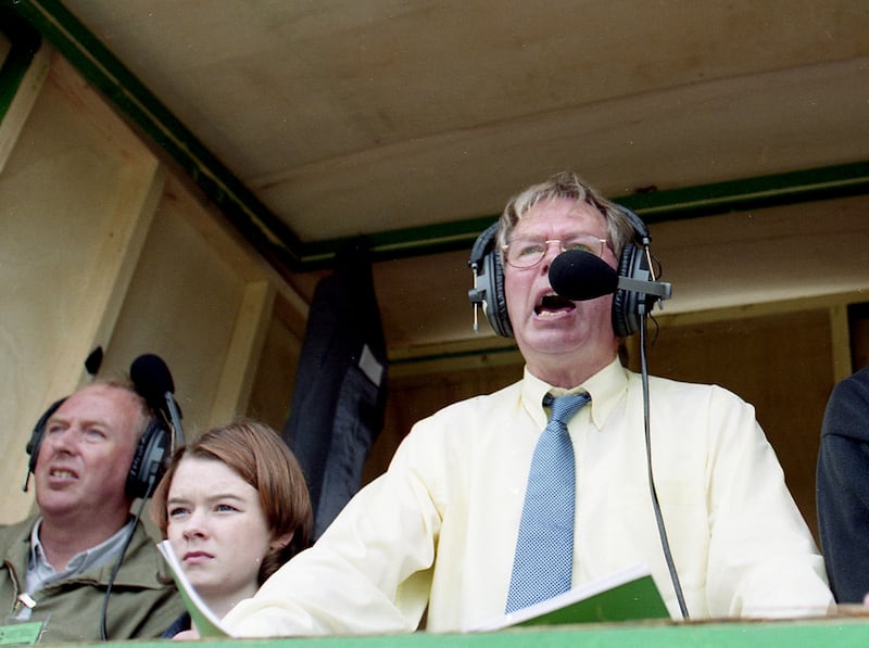 Micheál Ó Muircheartaigh, and his daughter Doireann, commentating on the Galway-Kerry All-Ireland final at Croke Park in 2000. Photograph: Andrew Paton/Inpho