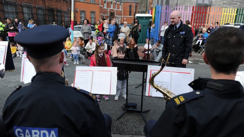 Members of the the Garda band during the Playful Street event. Photograph: Aidan Crawley