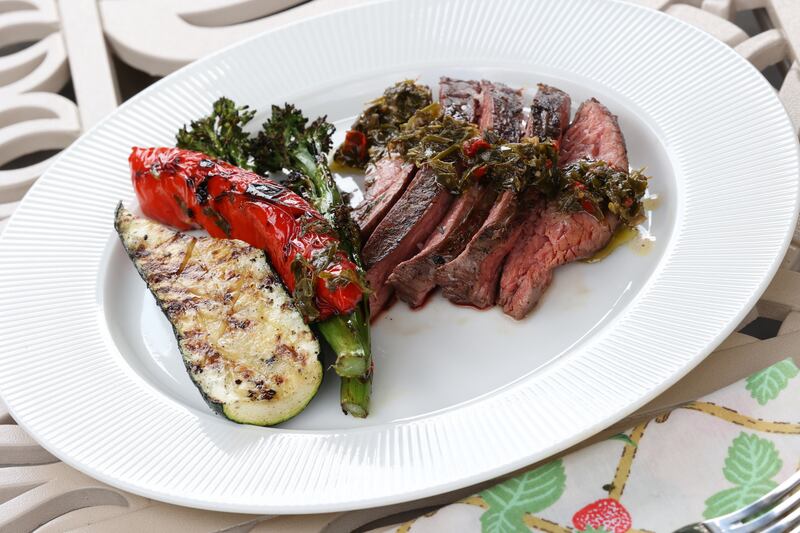 Jessica Kelly's 35-day aged rib-eye steak, vegetables and chimichurri. Photograph: Nick Bradshaw for The Irish Times
