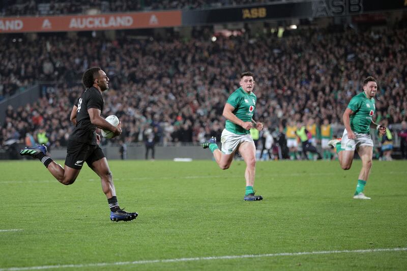 New Zealand's Sevu Reece runs in a try during the first Test against Ireland in Auckland. Photograph: Dave Rowland/Getty Images