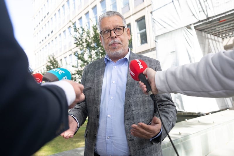 Andy Pike, Fórsa's head of education, speaking outside the WRC. Photograph: Sam Boal/Collins