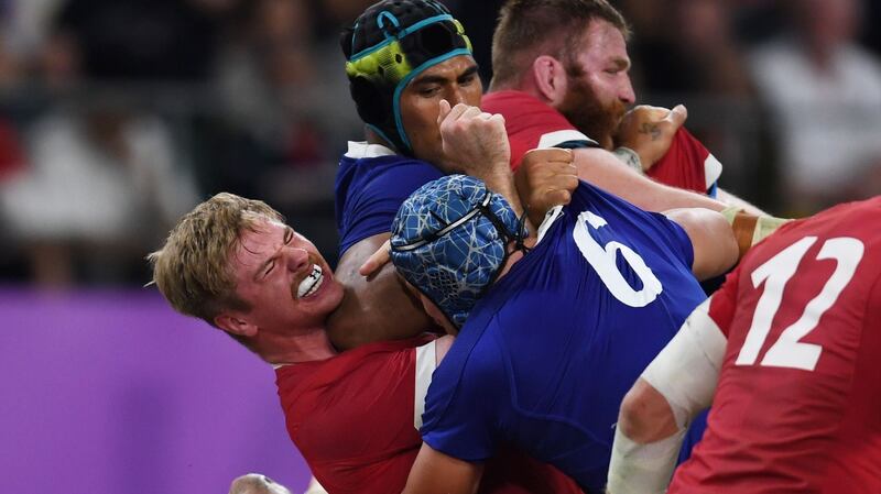 Sebastien Vahaamahina has announced his retirement from international rugby following his red card for elbowing Wales flanker Aaron Wainwright. Photograph: Charly Triballeau/AFP via Getty Images