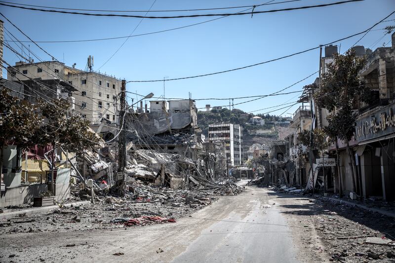 Rubble caused by air strikes in central Nabatieh. Photograph: Sally Hayden 
