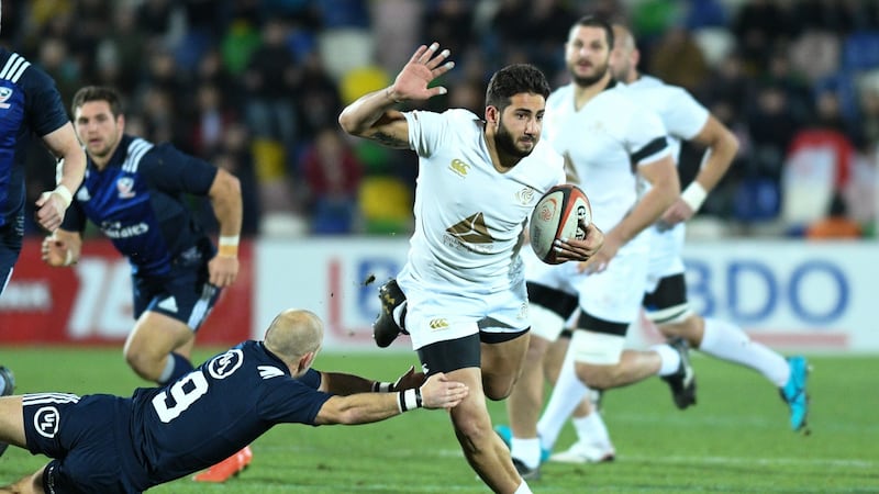 Georgia’s  Giorgi Kveseladze  is tackled by the USA’s Shaun Davies  during the  international Test match at Mikheil Meskhi Stadium  in Tbilisi, Georgia. Photograph:  Levan Verdzeuli/Getty Images