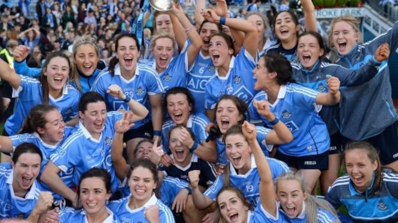 Dublin celebrate with the Brendan Martin Cup following the TG4 Ladies Football All-Ireland Senior Championship final at Croke Park. Photo: Cody Glenn/Sportsfile