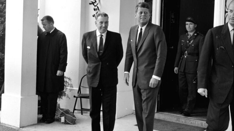 Taoiseach Seán Lemass with US president John F Kennedy outside Áras an Uachtaráin in June 1963.