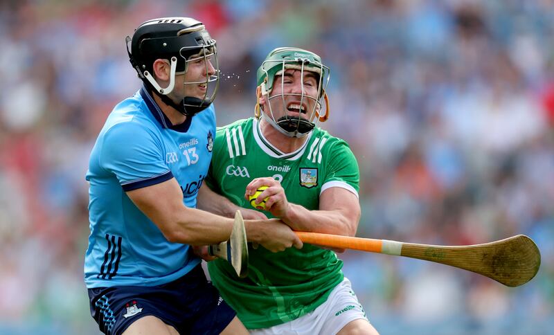 Dublin’s Seán Currie challenges Limerick's Seán Finn during the All-Ireland quarter-final at Croke Park. Photograph: James Crombie/Inpho