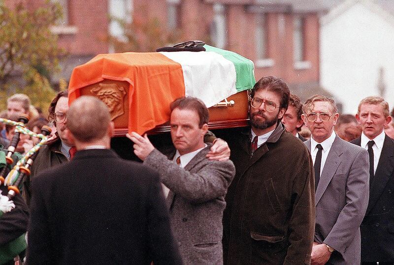 Gerry Adams carrying the coffin of IRA Shankill bomber Thomas Begley at his funeral, 1993. Photograph: Pacemaker