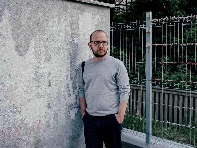 Igor Ilyash at Peremen Square in Minsk, where his wife was arrested for reporting about the protests that took place there in 2020. Photograph: Nanna Heitmann/New York Times