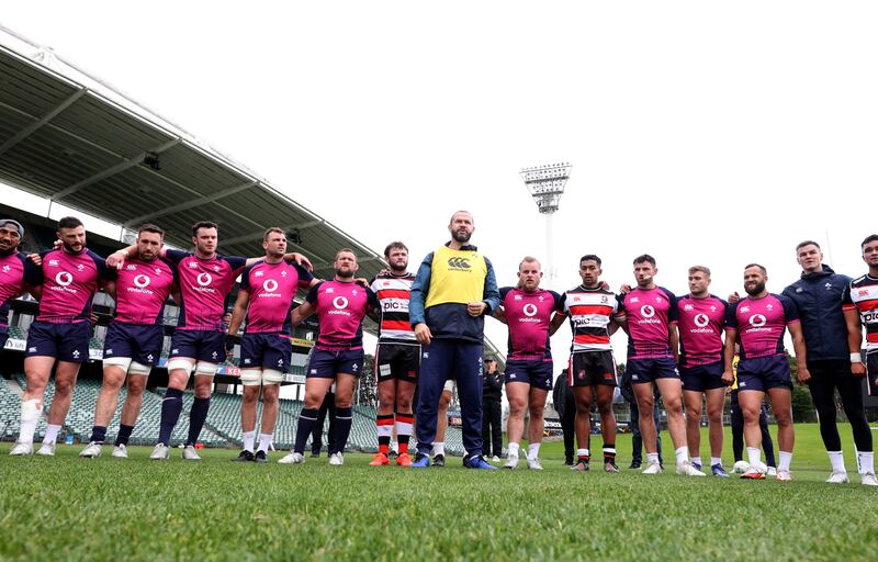 Irish head coach Andy Farrell talks to the Ireland and Counties Manukau players during Thursday's training session. Photograph: Billy Stickland/Inpho