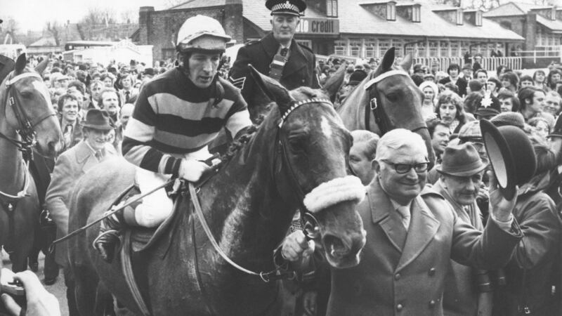 L’Escargot ridden by Tommy Carberry is led in by owner Raymond Guest after winning the Grand National at Aintree in 1975. Photograph: Getty Images