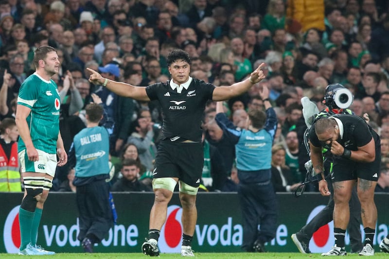 New Zealand's flanker Wallace Sititi celebrates after winning the test match against Ireland at the Aviva Stadium in Dublin, on November 8th, 2024. Photograph: Paul Faith/AFP via Getty Images