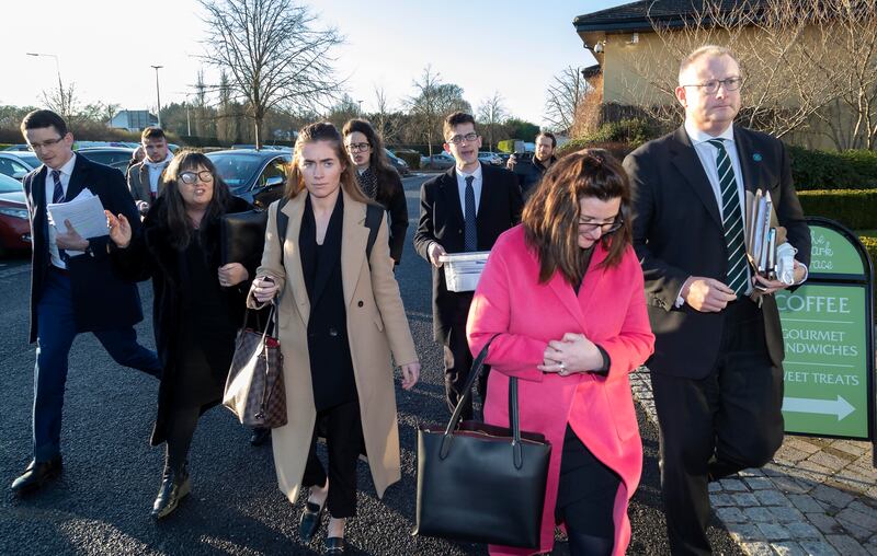 Frank Milling (right) principal of Wilson's Hospital School and legal representatives were pursued by teacher Enoch Burke and members of his family this evening at the Mullingar Park Hotel after a disciplinary hearing. Photograph: Colin Keegan/Collins