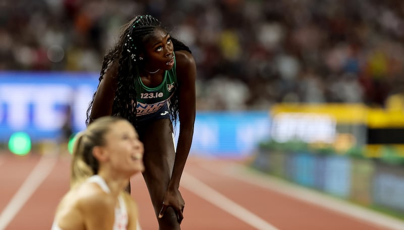 Ireland’s Rhasidat Adeleke after finishing fourth in Women’s 400m final. Photograph: Morgan Treacy/Inpho