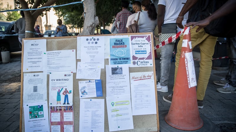 Asylum seekers outside a Caritas centre in Nicosia, Cyprus. Photograph: Sally Hayden