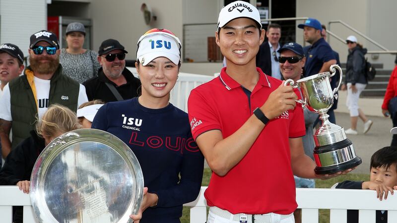 South Korea’s Hee-young Park (L) and Australia’s Min Woo Lee were winners in the ISPS Handa Vic Open. Photograph: Jack Thomas/Getty